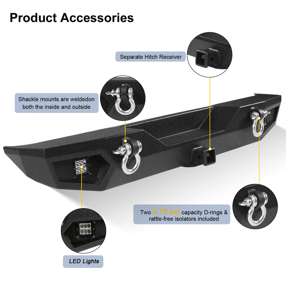 Rear Bumper Fit for Jeep Wrangler TJ & YJ 1987-2006 (2-Door) – Full Width Off-Road Heavy Duty Steel Bumper with D-Rings, 2 LED Lights, Winch Plate, Textured Black Powder Coated