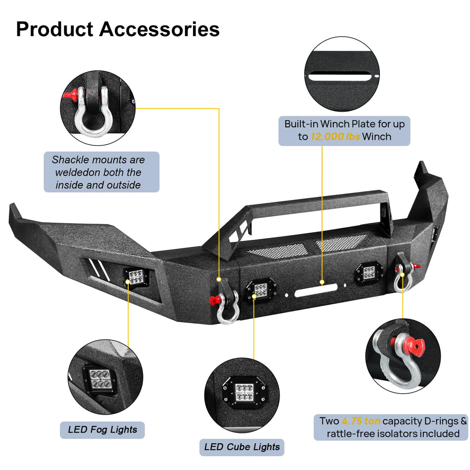 Front Bumper Fit for Dodge Ram 1500 2013-2018 (4th Gen) – Off Road Steel Front Bumper with Winch Plate, 4 LED Lights, 2 D-Ring Shackle Mounts, Detachable Bull Bar, Black Powder Coated