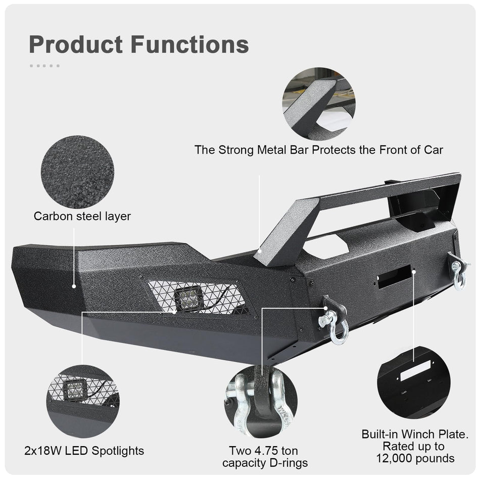 Off-Road Front Bumper Fit for Chevy Silverado 2500HD 3500HD 2007-2010 – Heavy Duty Carbon Steel Front Bumper with Winch Plate, 2 LED Lights, 2 D-Ring Shackles, Black Powder Coated