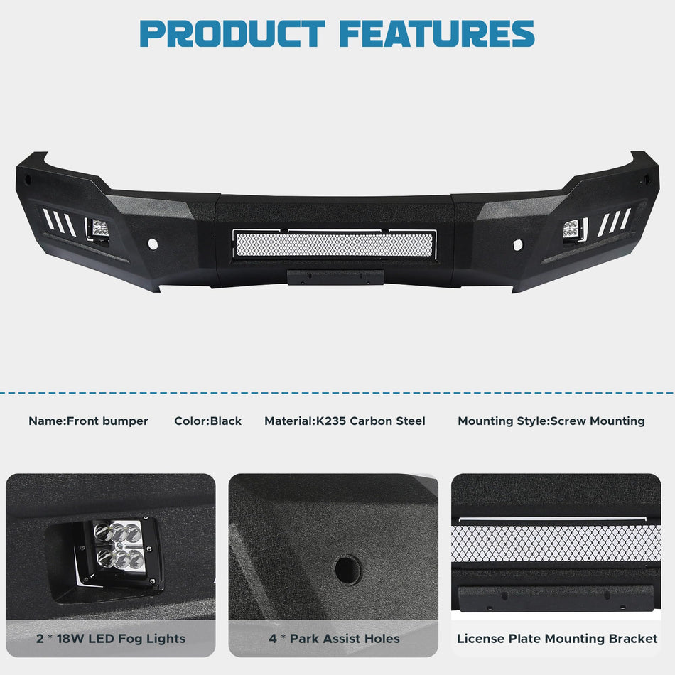 Off Road Front Bumper Fit for Dodge Ram 1500 Rebel 2015-2018 Heavy Duty Steel Bumper for ram 1500 rebel Full Width Front Bumper W/ 2 Fog Lights, 4 Sensor Holes and License Plate Bracket