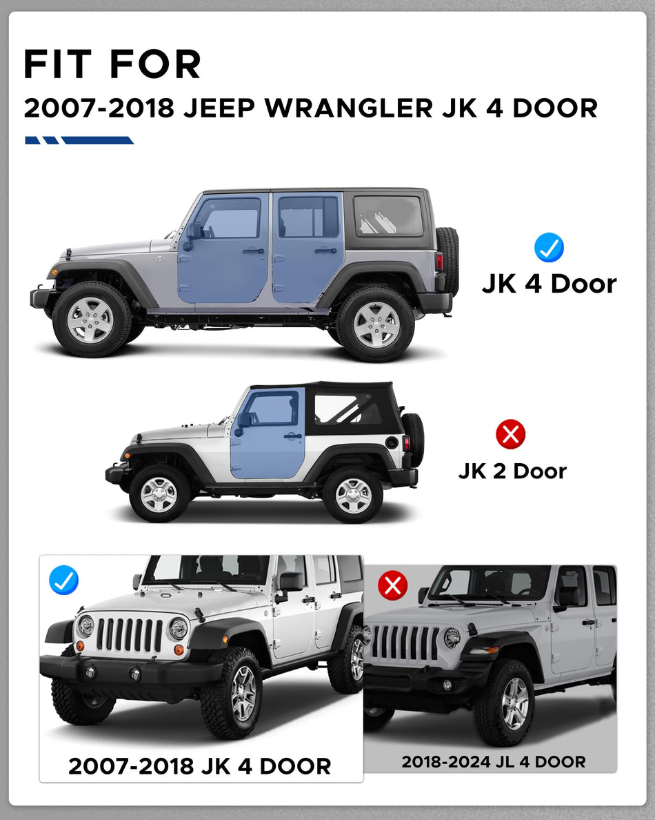 Running Boards Rock Sliders for Jeep Wrangler JK 4 Doors 2007-2018, Off Road Heavy Duty Steel Side Steps Anti-Slip Rock Armor Steps Textured Black Step Bars