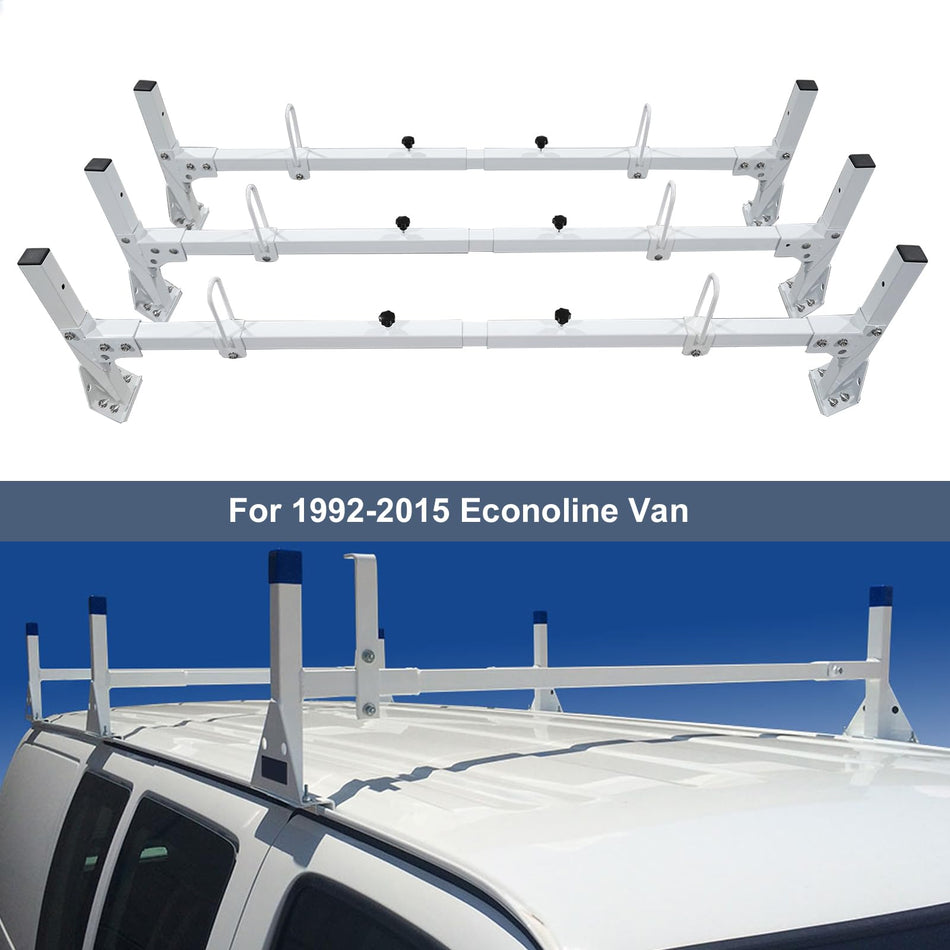Van Ladder Racks, Van Roof Rack Steel 3 Bars fit for Ford Econoline E150 250 350 1992-2015, fit for Chevrolet Express 1500 2500 3500 Topper Racks 750 lbs Capacity (White)