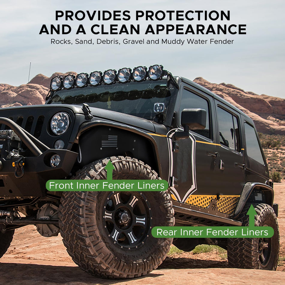 Front & Rear Inner Fender Liners Fit for Jeep Wrangler JK 2007-2018 2 Doors/4 Doors Aluminum Wheel Well Cover Flag Pattern Off-Road Mudguards Fenders Flares Heavy Duty Wheel Fenders Set 4PCS