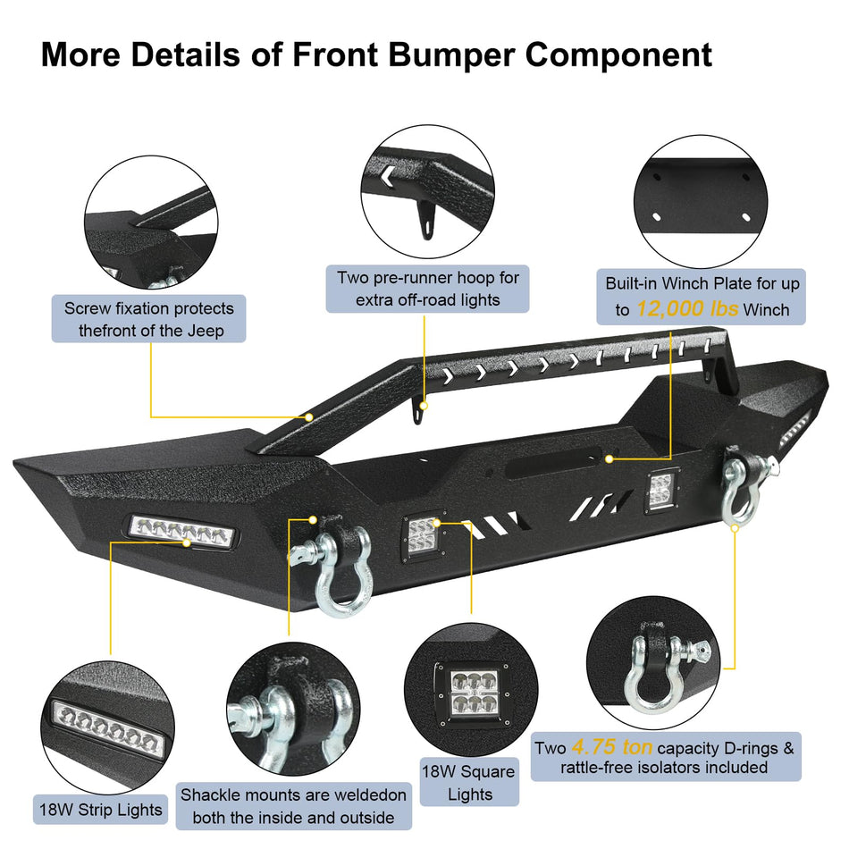 Front and Rear Bumper Set Fit for Jeep Wrangler JL 2018-2025 (ONLY for JL Models) – Heavy Duty Steel Bumpers with Winch Plate, 4 LED Lights, D-Ring Shackle Mounts, 2" Hitch Receiver, Textured Black Finish