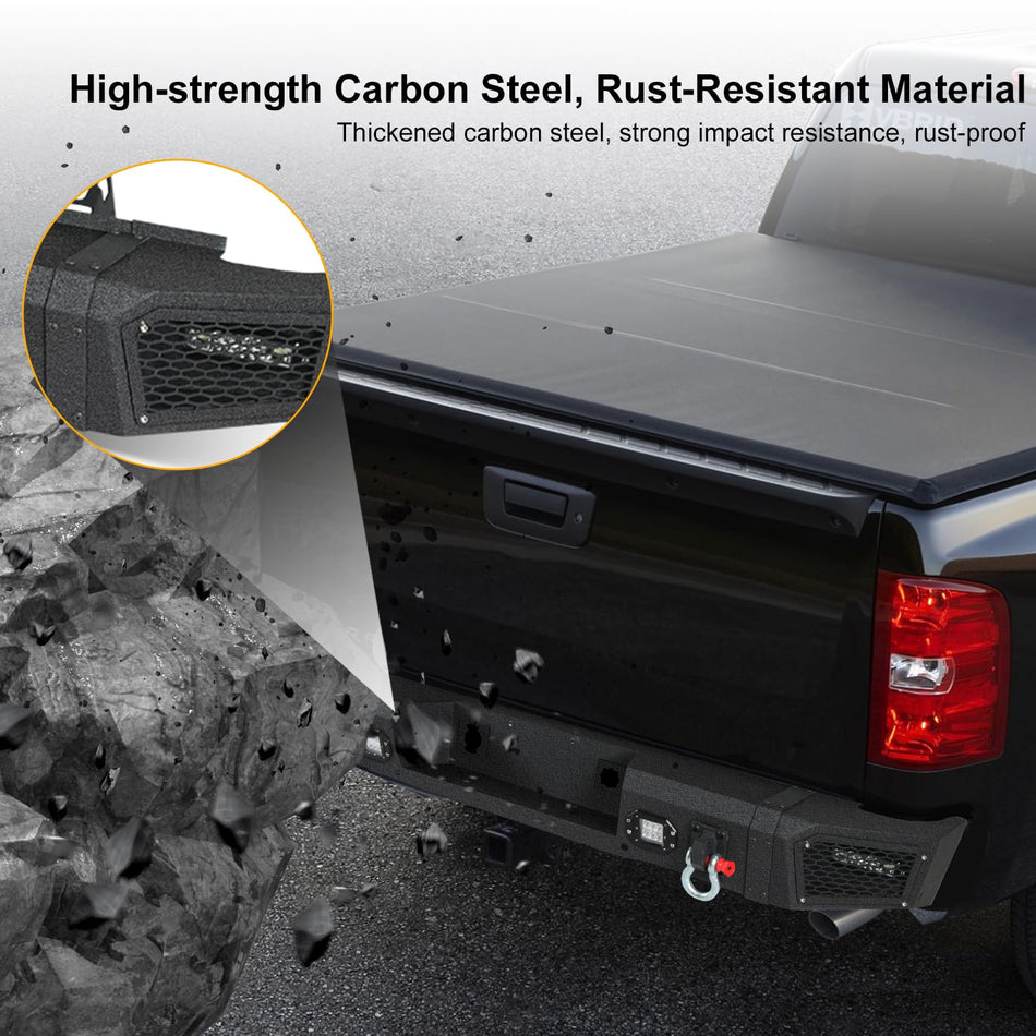 Rear Step Bumper Fit for Chevy Silverado 1500 & GMC Sierra 1500 2007-2013 – Full Width Off-Road Steel Rear Bumper with D-Rings, 4 LED Lights, Parking Sensor Holes, Winch Plate, Black Powder Coated