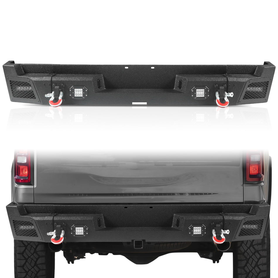 Off Road Rear Bumper Fits for Dodge Ram 1500 2019-2025 2026 (Excluding Ram 1500 Classic), Carbon Steel Rock Crawler Pickup Truck Back Bumper with Lights D-rings License Plate Holes 2Pack