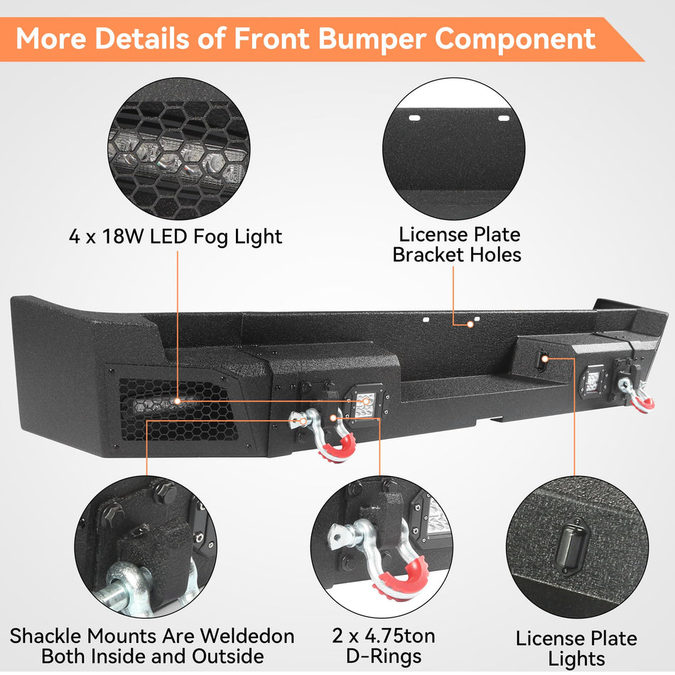 Off Road Rear Bumper Fits for Dodge Ram 1500 2019-2025 2026 (Excluding Ram 1500 Classic), Carbon Steel Rock Crawler Pickup Truck Back Bumper with Lights D-rings License Plate Holes 2Pack