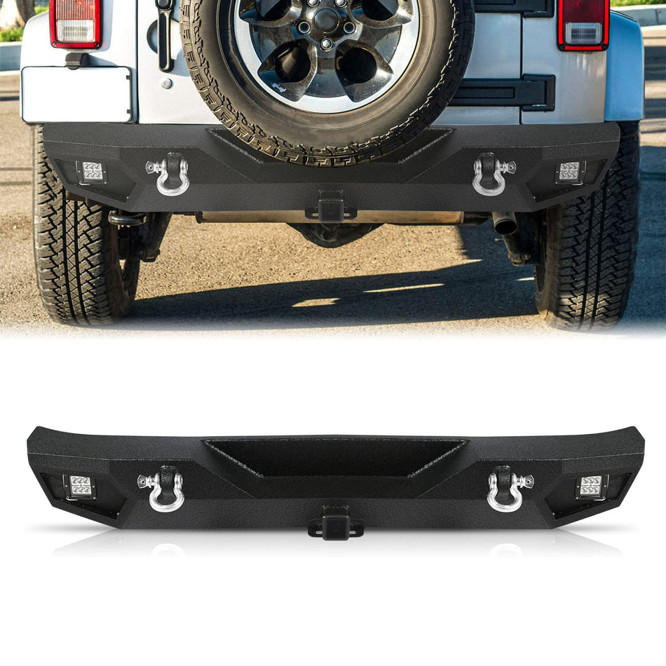 Rear Bumper fit for Jeep Wrangler JK JKU 2007-2018, Full Width Off Road Heavy Duty Steel Bumper Upgraded Textured Black Stubby Back Bumpers with Tow Hitch, D-Rings, Light