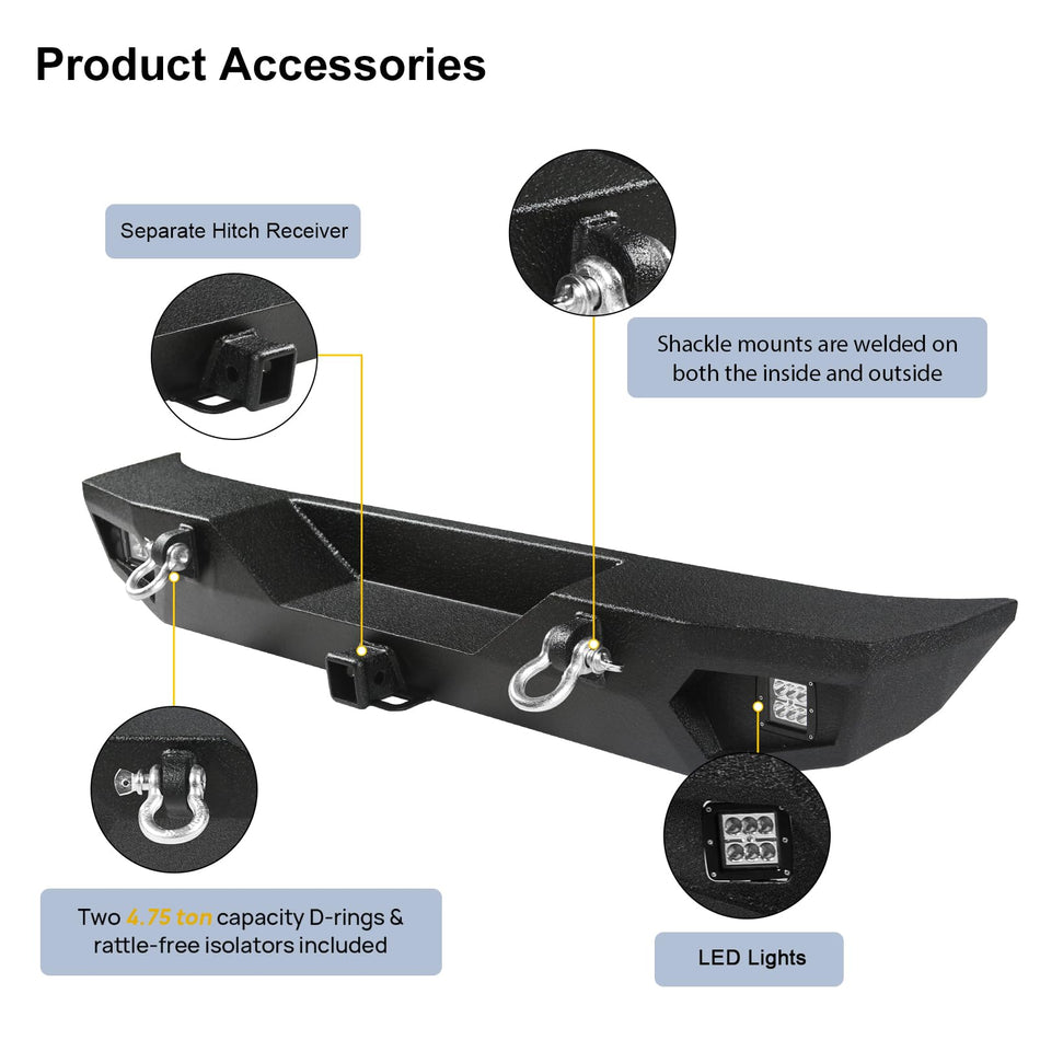 Rear Bumper fit for Jeep Wrangler JK JKU 2007-2018, Full Width Off Road Heavy Duty Steel Bumper Upgraded Textured Black Stubby Back Bumpers with Tow Hitch, D-Rings, Light