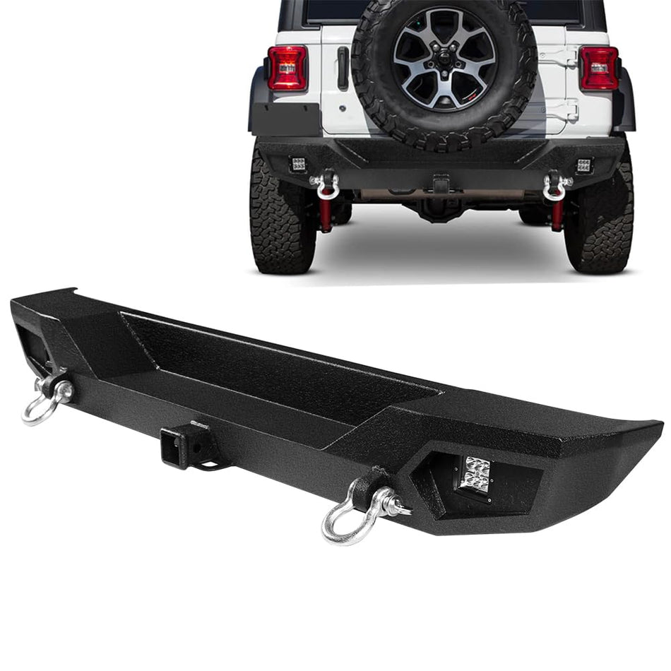 Off-Road Rear Bumper fit for Jeep Wrangler JL 2018-2025 | Steel, 2" Hitch Receiver, 2 LED Lights, 2 D-Rings, Textured Black (JL Only, Not for JK/Gladiator)