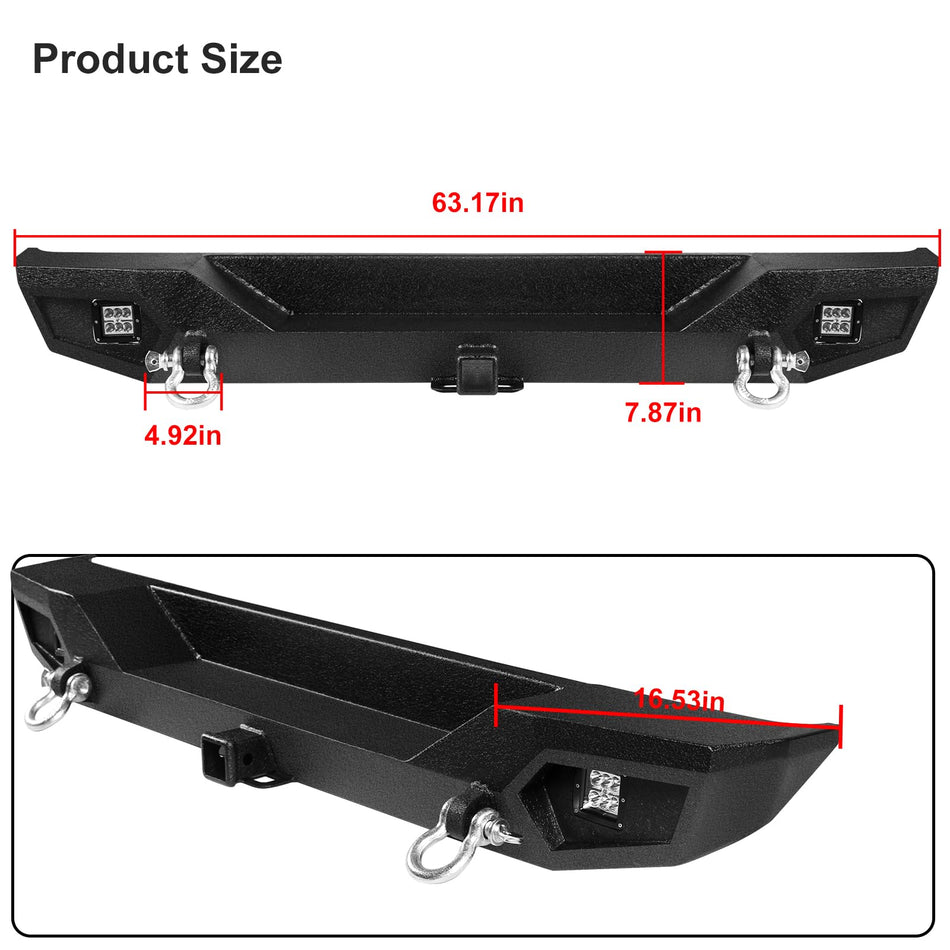 Off-Road Rear Bumper fit for Jeep Wrangler JL 2018-2025 | Steel, 2" Hitch Receiver, 2 LED Lights, 2 D-Rings, Textured Black (JL Only, Not for JK/Gladiator)