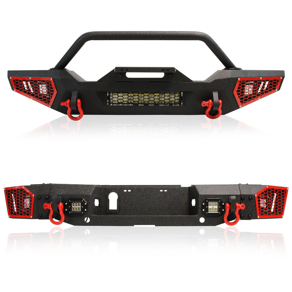 Front Rear Bumper fit for Jeep Gladiator JT 20-26 | Steel heavy duty bumper kit with winch plate, lights, sensor holes, D-rings, 2 packages