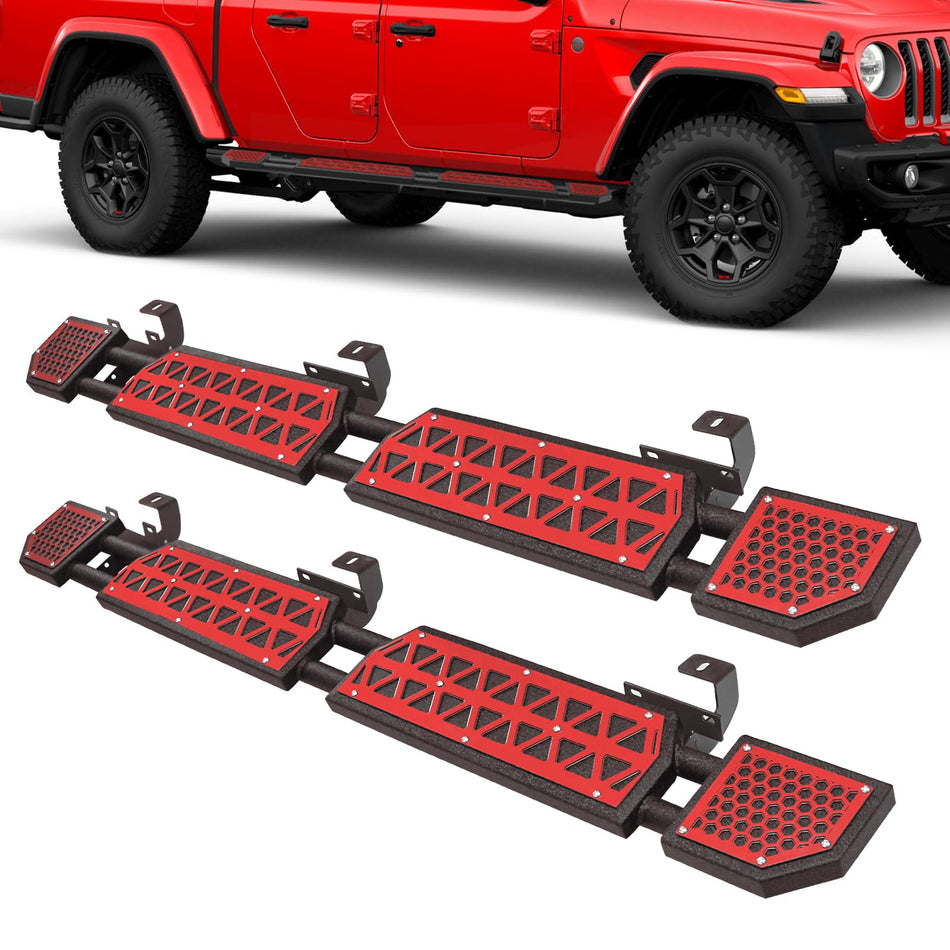 Red Running Boards Fit for Jeep Gladiator JT 2020-2025 2026 Side Steps Fit for JT 4 Door 7 Inch Rock Rail Steps Carbon Steel Rock Sliders