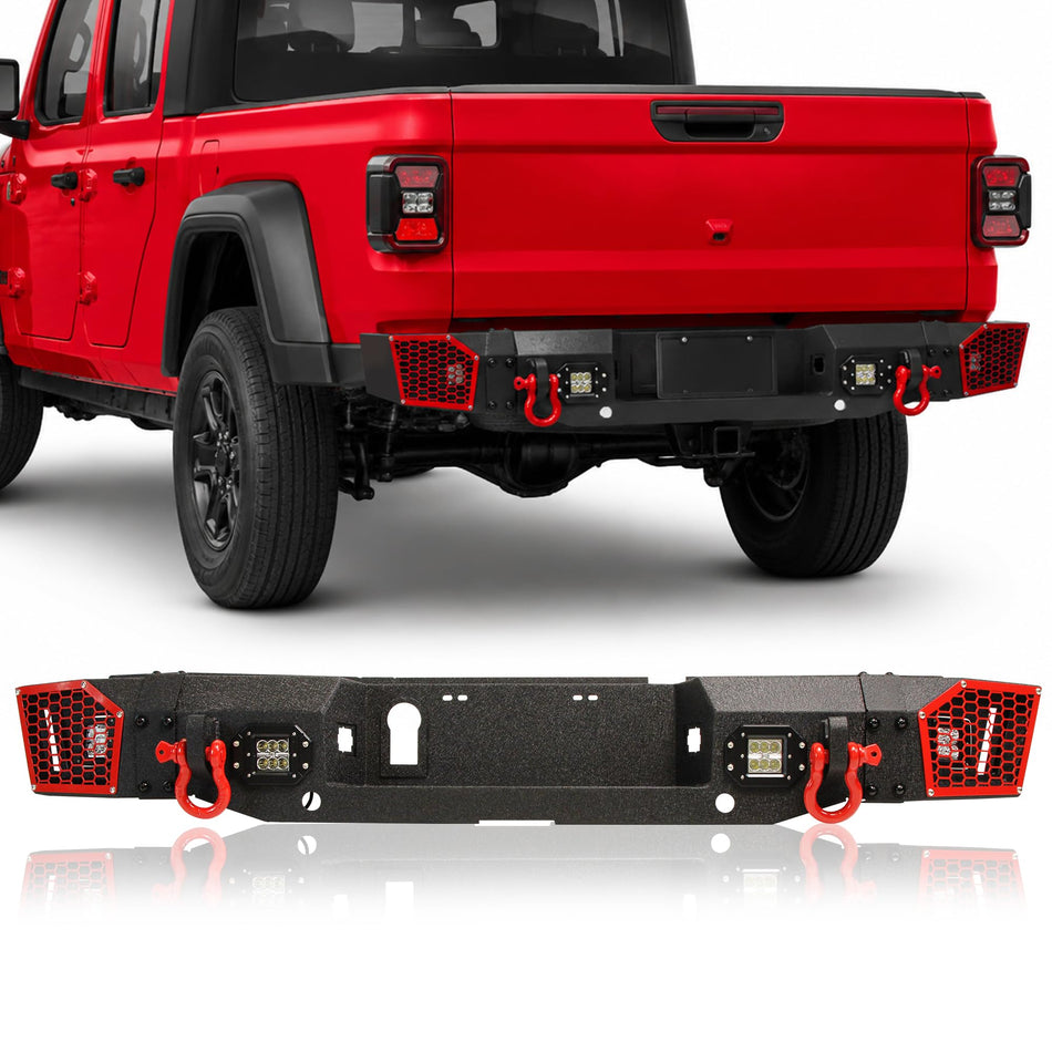 Rear Bumper fit for Jeep Gladiator 2020-2026 | Steel red back heavy duty bumper fit for JT with D-rings, sensor holes, trailer plug holes, license plate lights
