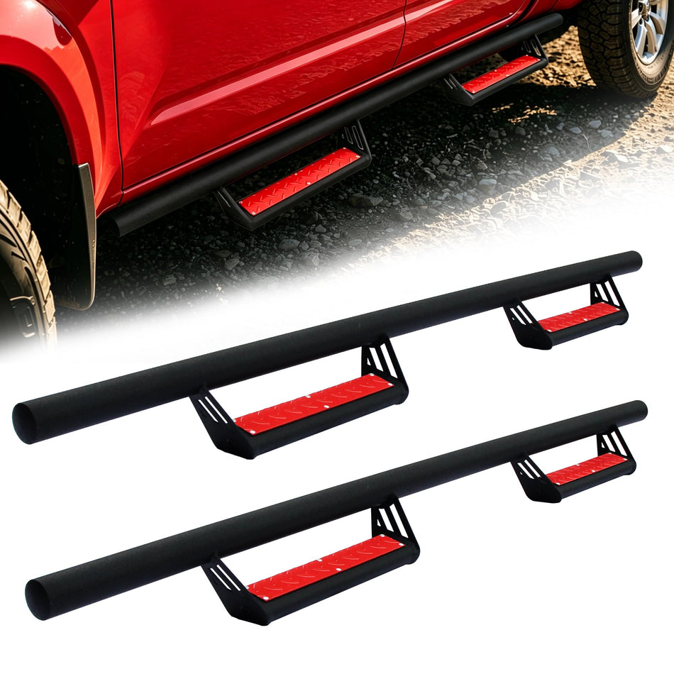 Running Boards Fit for Toyota Tacoma Double Cab 2005-2023 | steel build, textured black finish, drop down side steps, rock slider rails