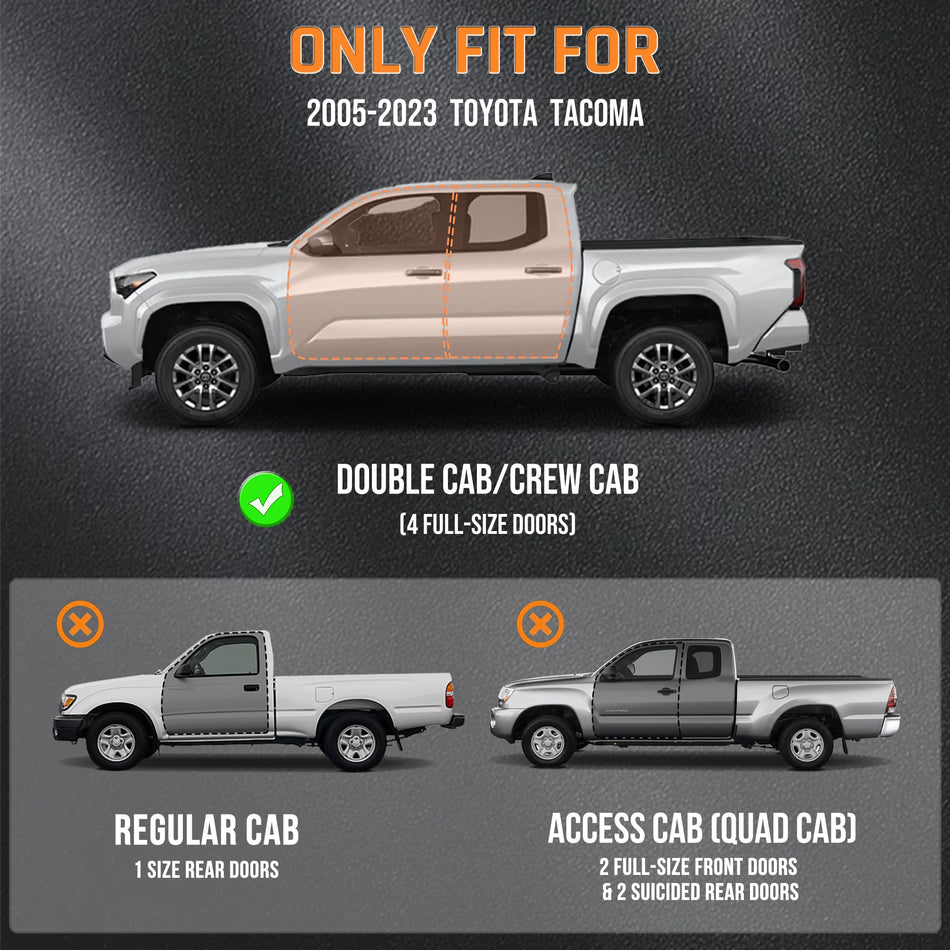 Running Boards Fit for Toyota Tacoma Double Cab 2005-2023 | steel build, textured black finish, drop down side steps, rock slider rails