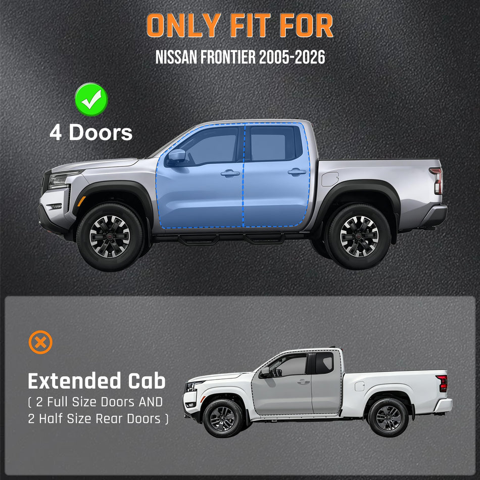 6.3" Running Boards fit for Nissan Frontier Crew Cab 2005-2026 | Carbon Steel Two-Step Side Rails with Bed Access