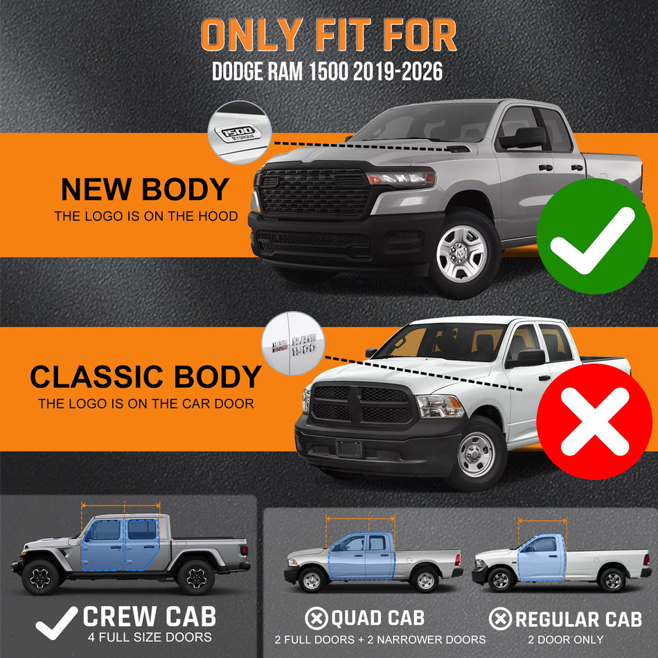 6.9" Running Boards fit for Ram 1500 2019-2026 Crew Cab New Body Style | Carbon Steel Two-Step Side Rails (Excl. Classic/2500/3500)
